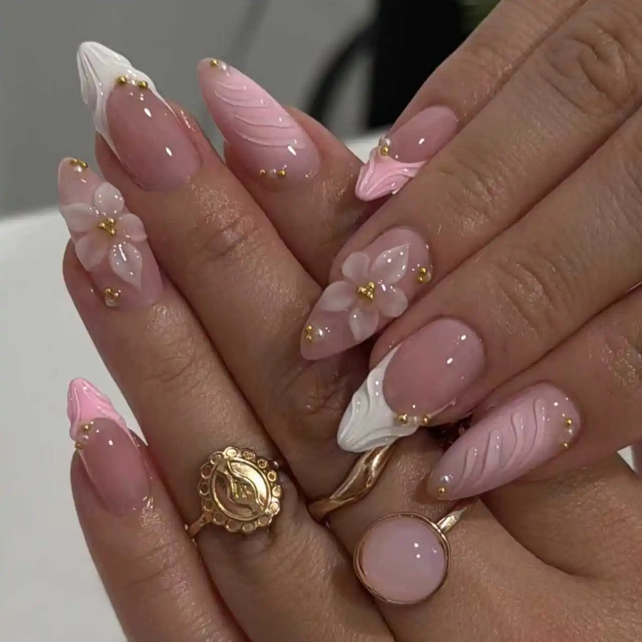 3D Flower French Tip Press On Nails Almond
