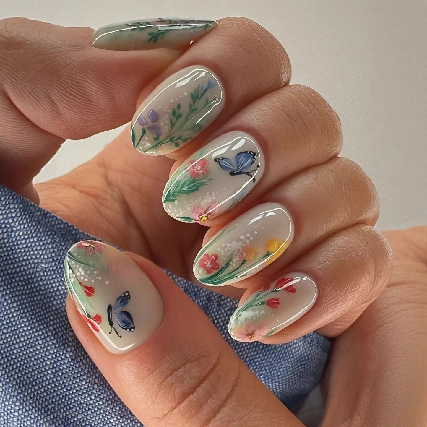 3D Flower French Tip Press On Nails Almond
