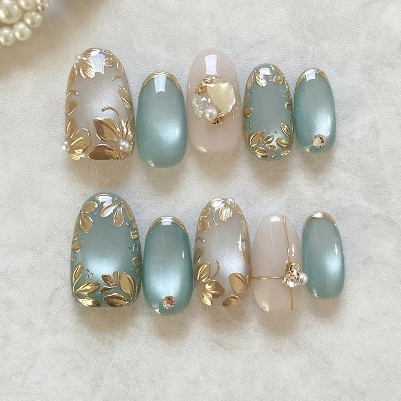 3D Flower French Tip Press On Nails Almond