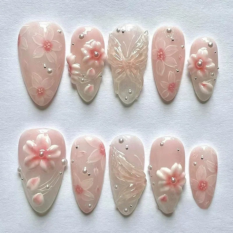 3D Flower French Tip Press On Nails Almond