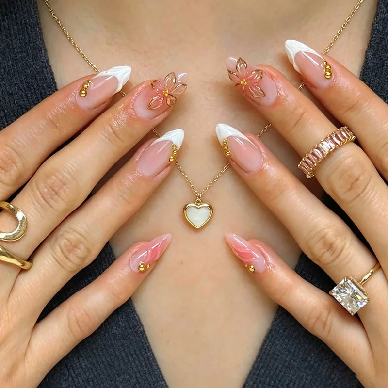 3D Flower French Tip Press On Nails Almond