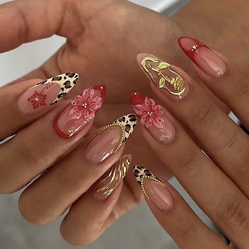 3D Flower French Tip Press On Nails Almond