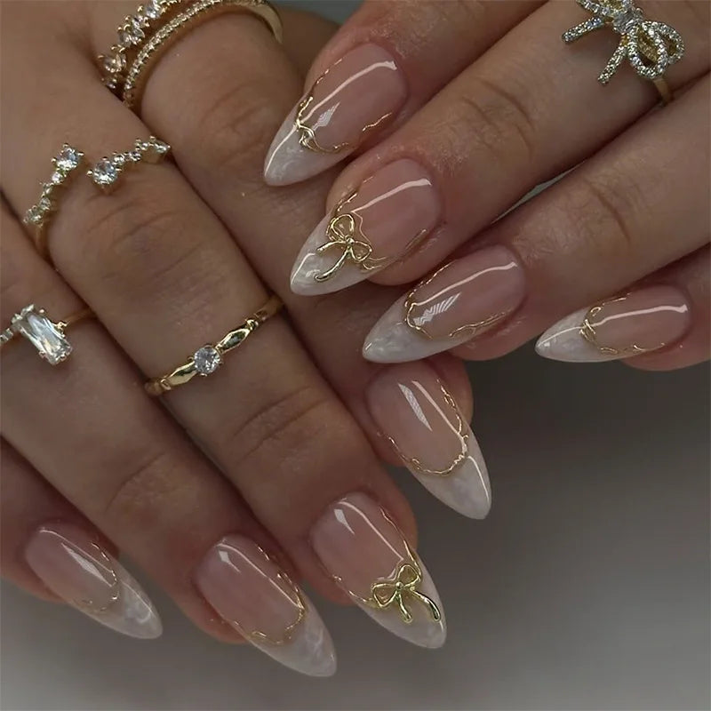 3D Flower French Tip Press On Nails Almond