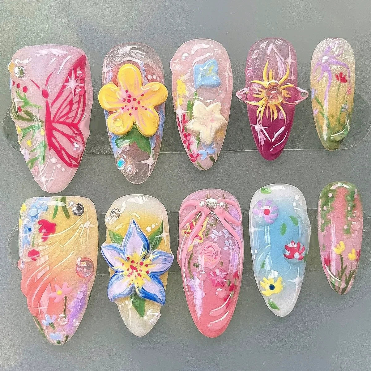 3D Flower French Tip Press On Nails Almond