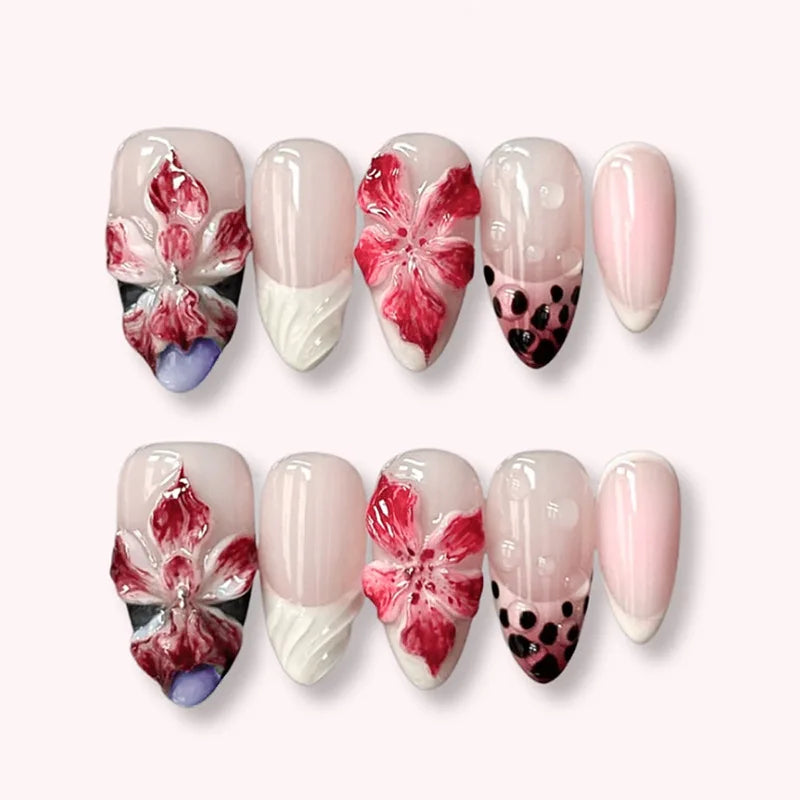 3D Flower French Tip Press On Nails Almond