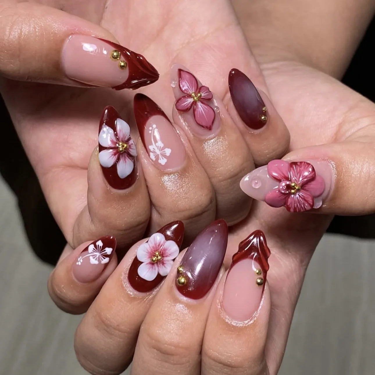 3D Flower French Tip Press On Nails Almond