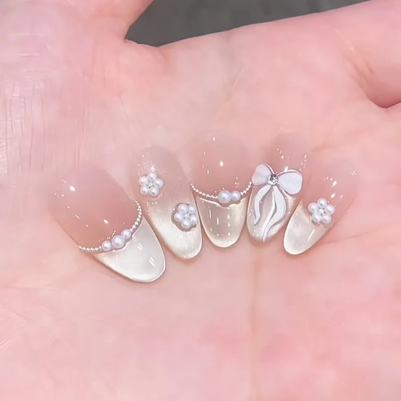3D Flower French Tip Press On Nails Almond