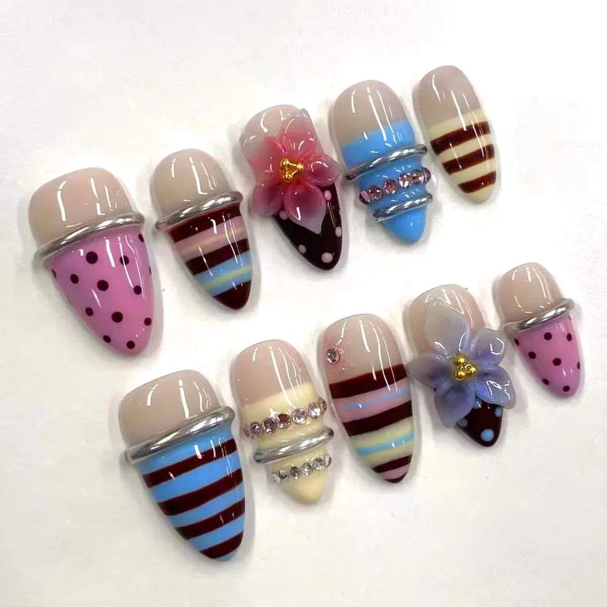 3D Flower French Tip Press On Nails Almond