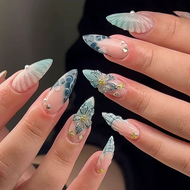 3D Flower French Tip Press On Nails Almond