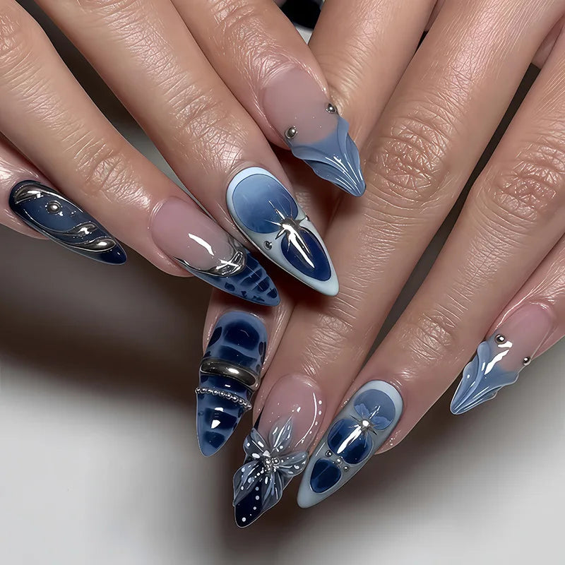 3D Flower French Tip Press On Nails Almond