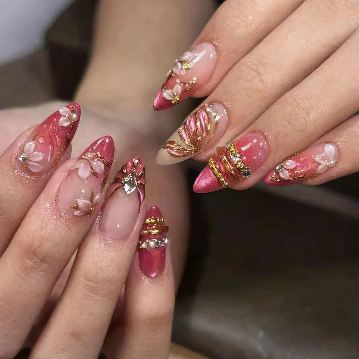 3D Flower French Tip Press On Nails Almond