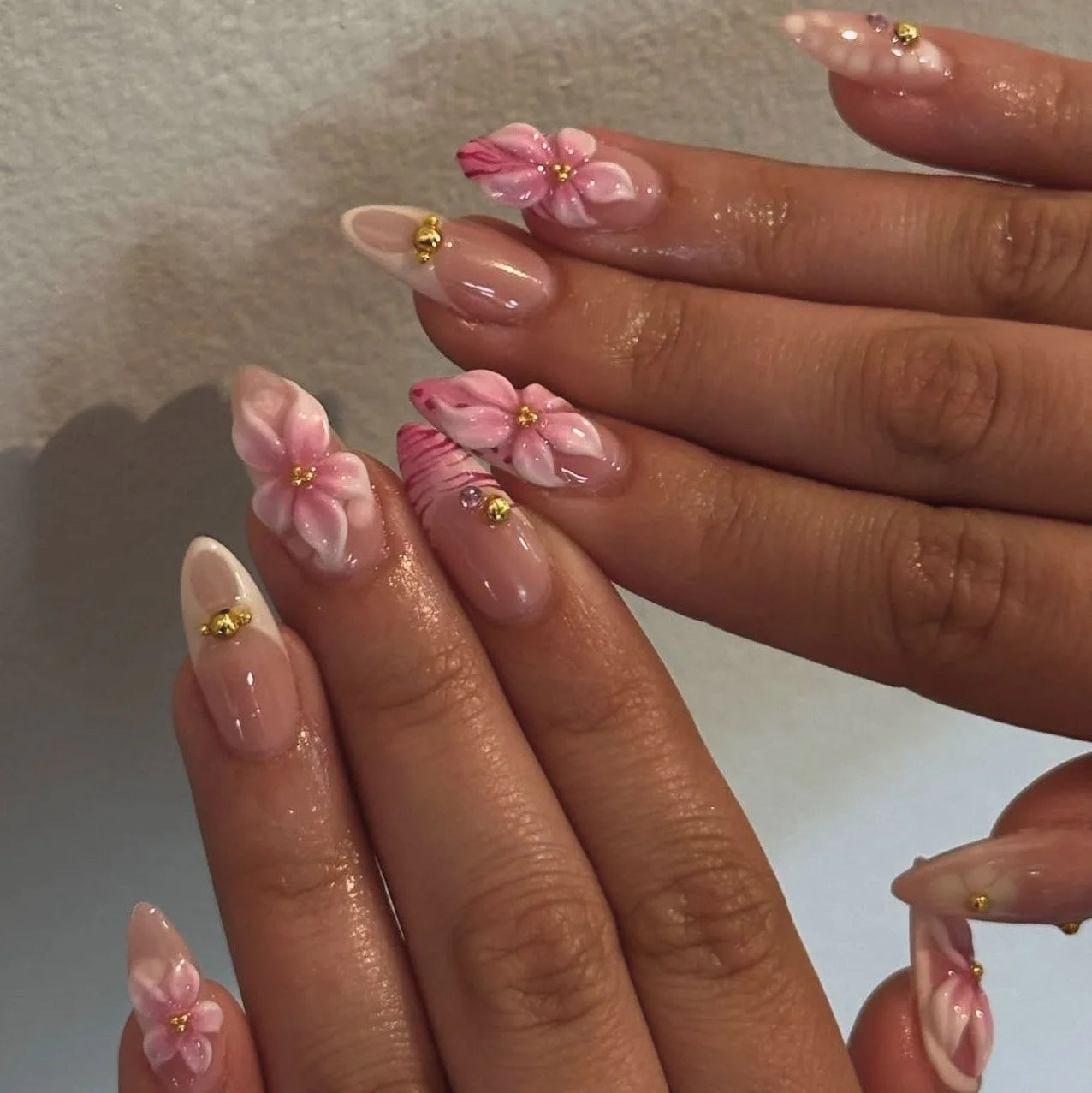 3D Flower French Tip Press On Nails Almond