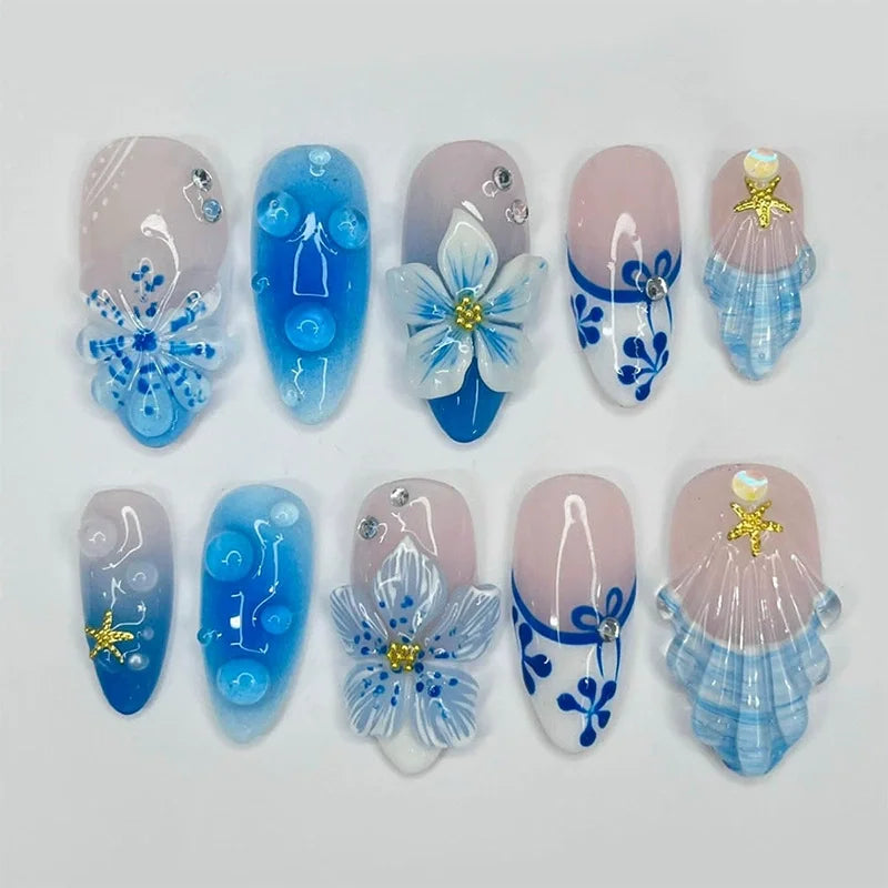 3D Flower French Tip Press On Nails Almond