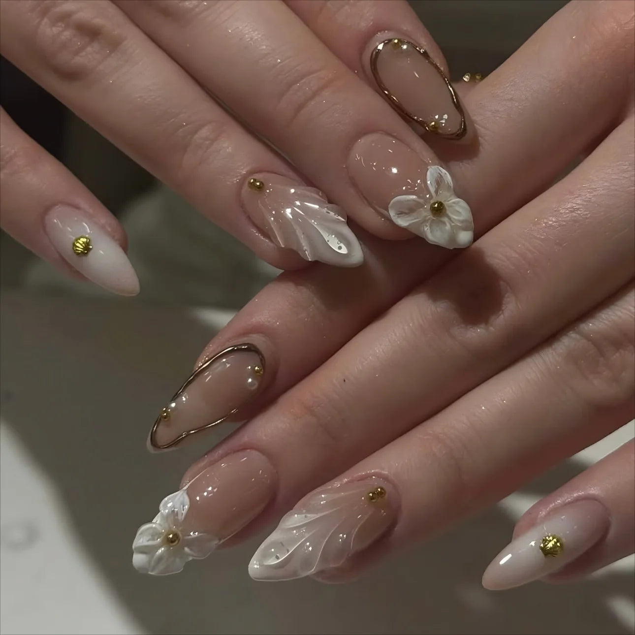 3D Flower French Tip Press On Nails Almond