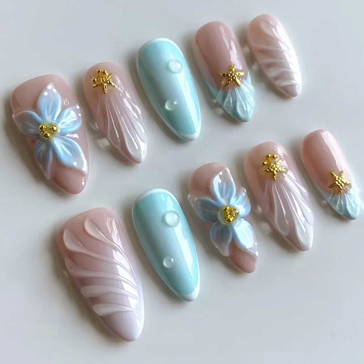 3D Flower French Tip Press On Nails Almond