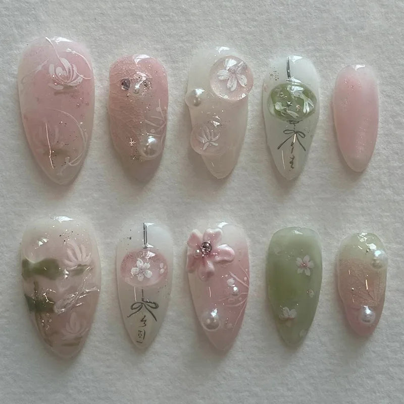 3D Flower French Tip Press On Nails Almond