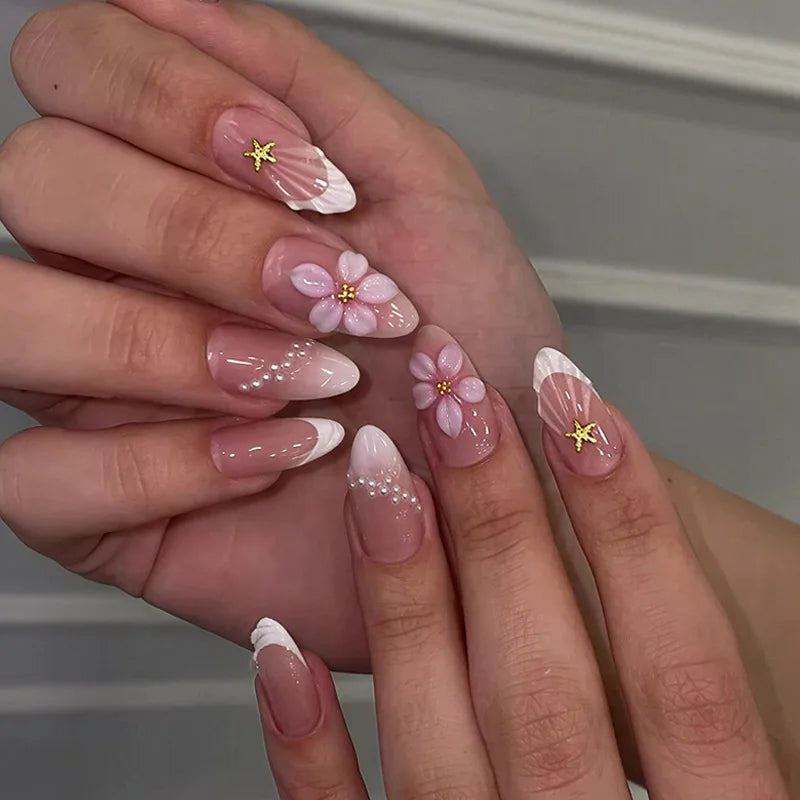3D Flower French Tip Press On Nails Almond