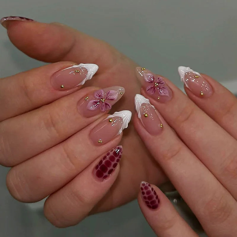 3D Flower French Tip Press On Nails Almond
