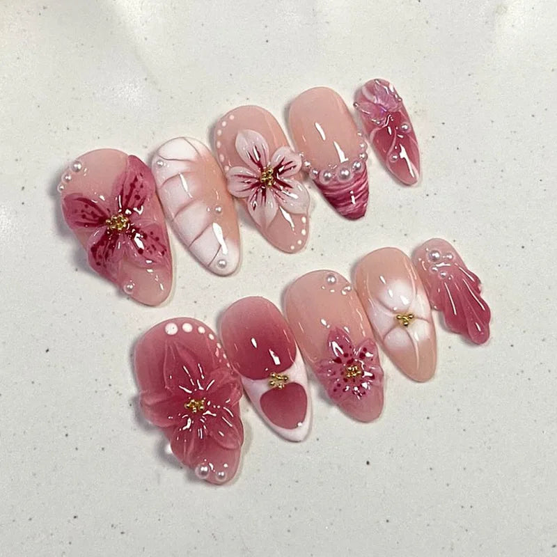 3D Flower French Tip Press On Nails Almond