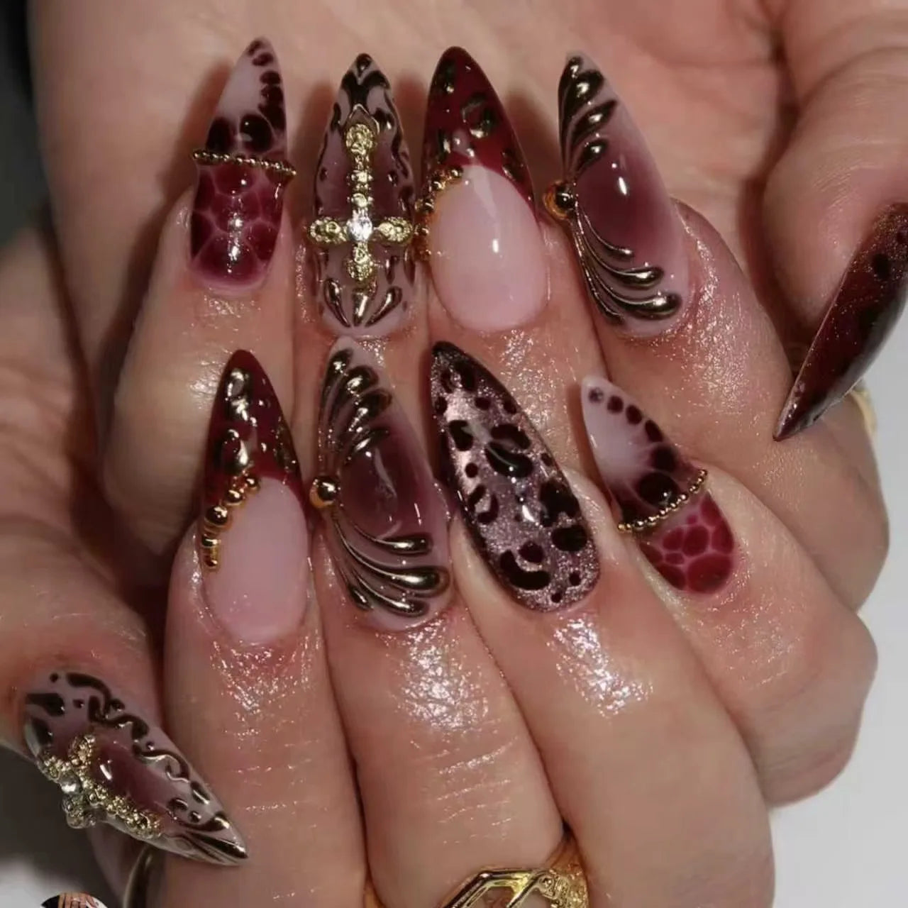 3D Flower French Tip Press On Nails Almond