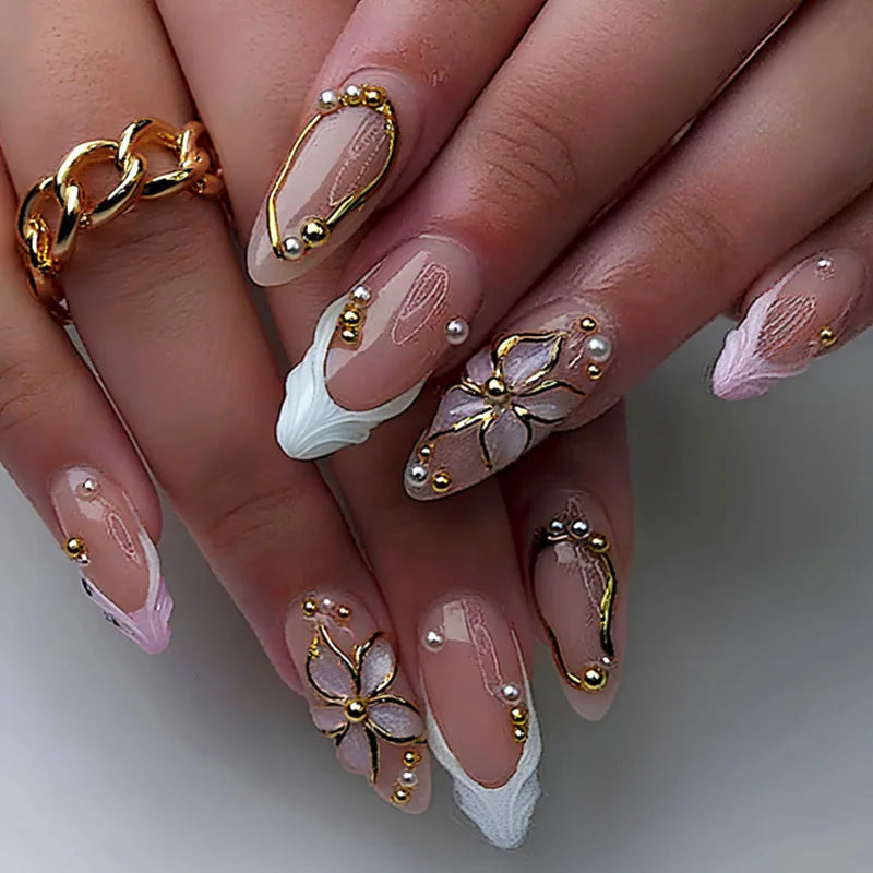 3D Flower French Tip Press On Nails Almond