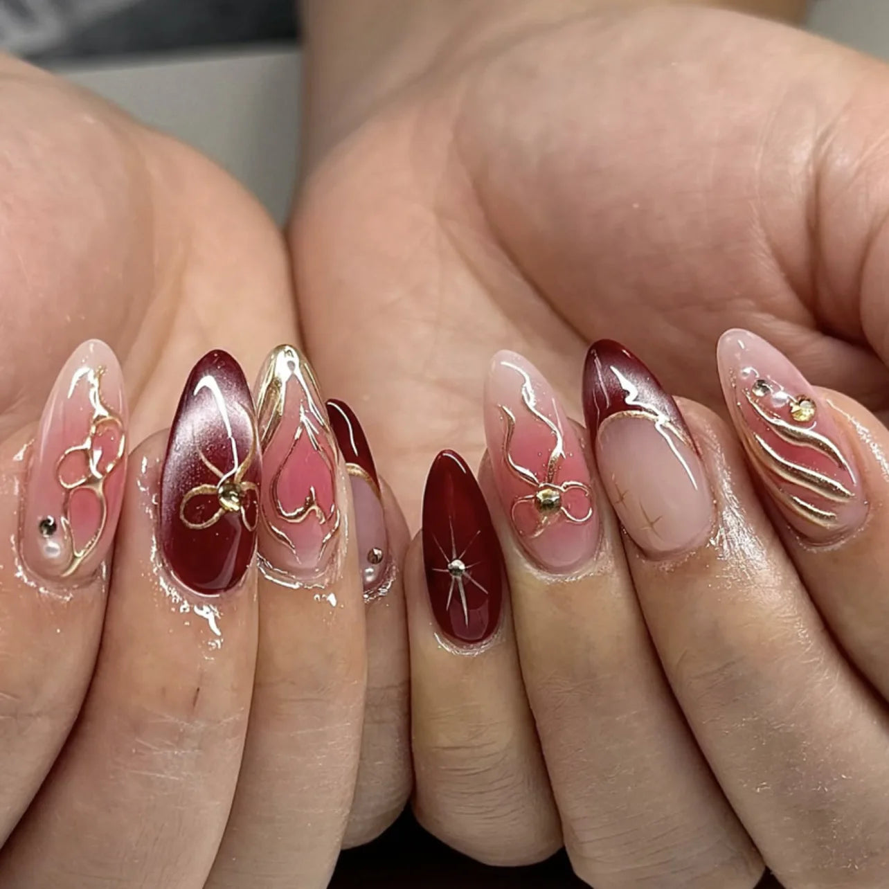 3D Flower French Tip Press On Nails Almond